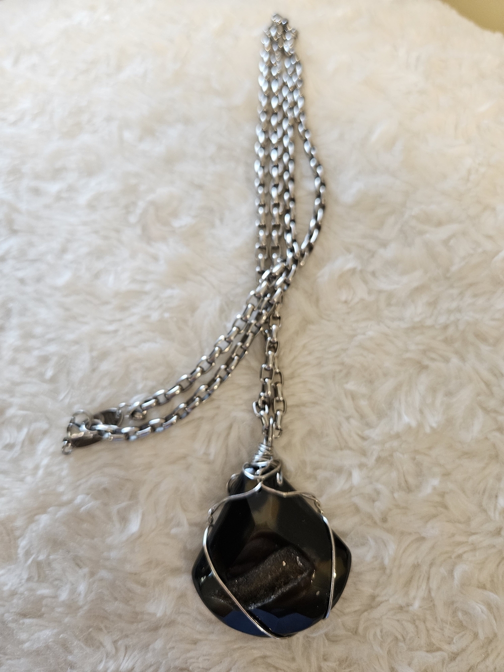 Wire-Wrapped Black Stone Pendant Necklace